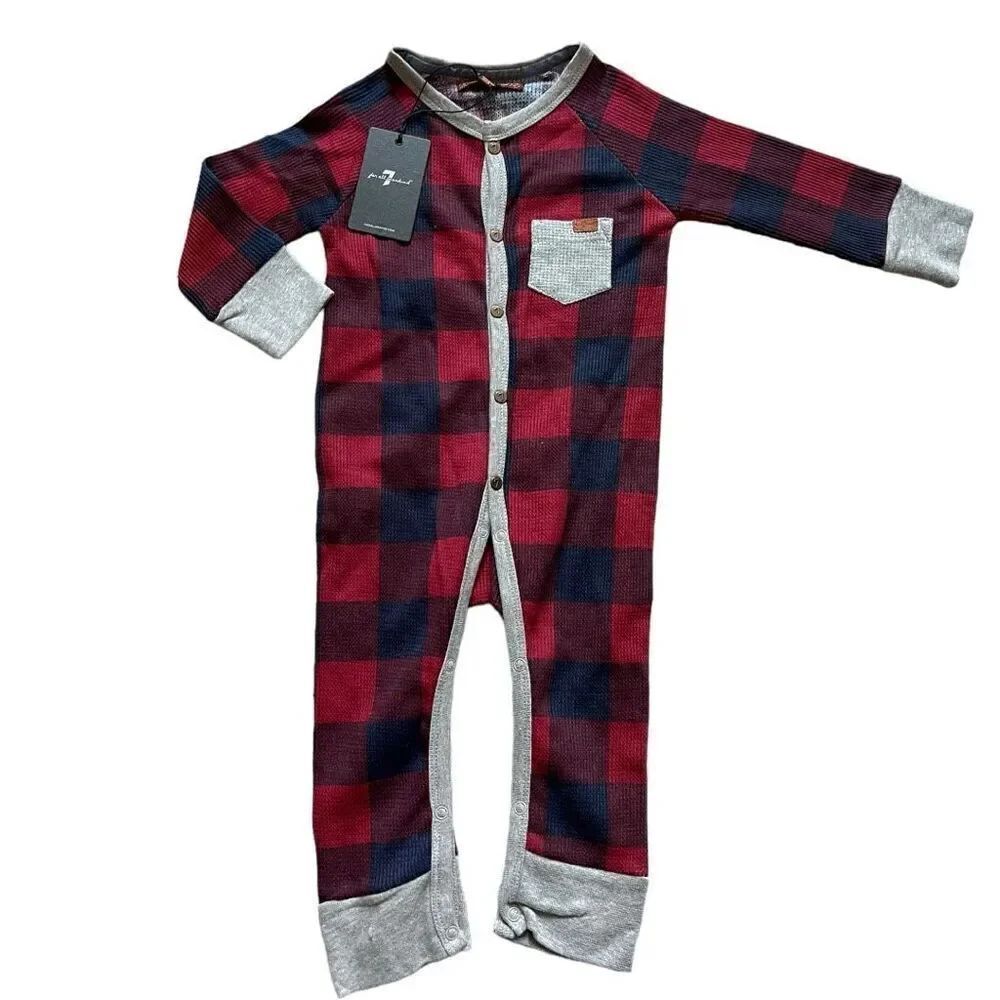NWT Baby Unisex 7 for All Mankind Buffalo Plaid Thermal Coverall Jumper - 6/9 m